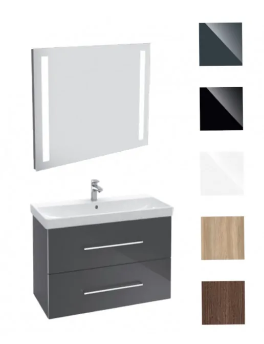 Villeroy & Boch Modern Möbel-Set mit LED-Spiegel, Waschtisch und Unterschrank 80cm, mehrfarbig