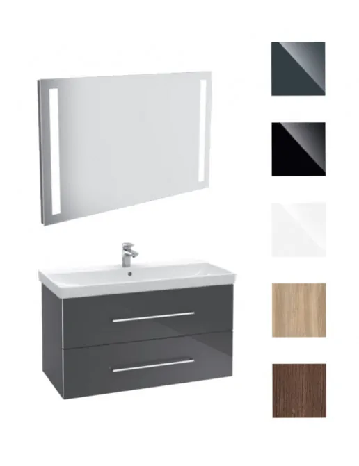 Villeroy & Boch Modern Möbel-Set mit LED-Spiegel, Waschtisch und Unterschrank 100cm, mehrfarbig